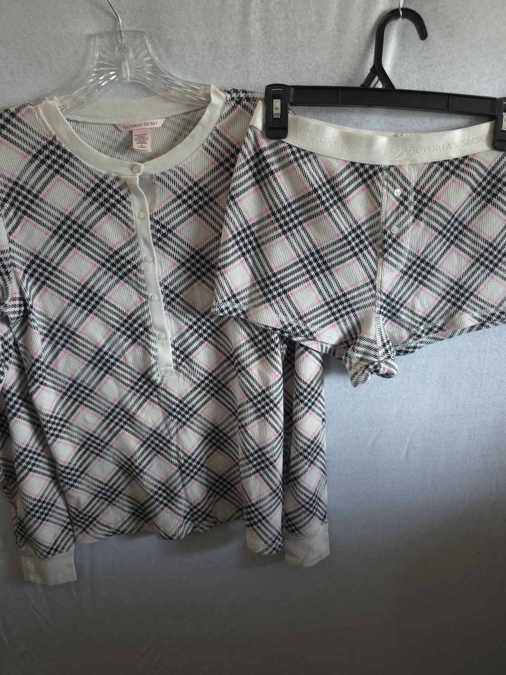 Victoria's Secret Cream, Black and Pink Plaid Two-Piece Sleep Set